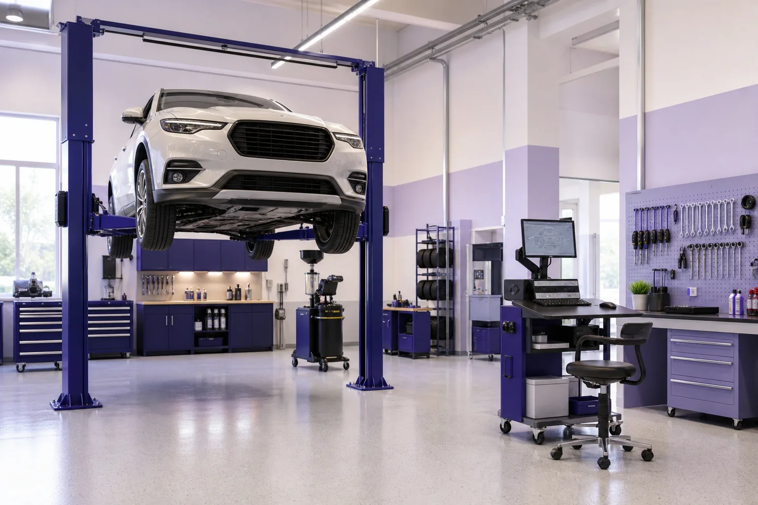 Moderne Werkstattausrüstung mit Hebebühne und Diagnoseplatz bei teakettlesof, 1200x900