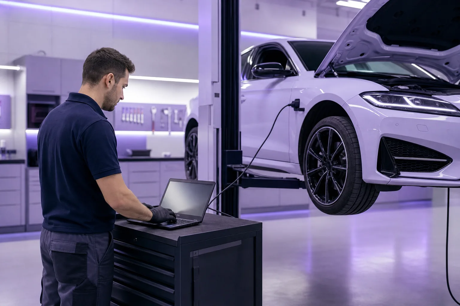 Moderne Fahrzeugdiagnostik in der Werkstatt von teakettlesof, Breitbild 1920x1080